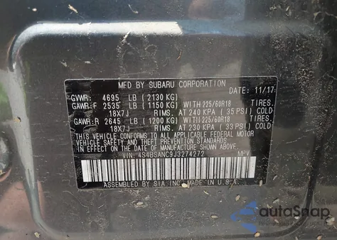 2018 Subaru Outback 2.5I Limited из США, поврежденный, VIN 4S4BSANC9J3274272